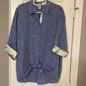 Cotton lightweight denim shirt with coordinating fabric at neck and sleeves.
